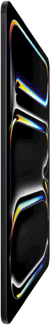 iPad Pro, pohled zepředu, vesmírně černá barva, tělo z&nbsp;hliníku a&nbsp;skla, tenký profil, nakloněný dozadu a&nbsp;na displeji se zobrazuje grafika s&nbsp;pestrobarevnými čárami