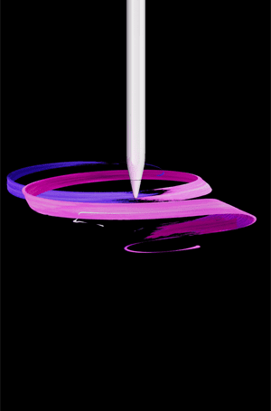 Apple Pencil Pro, pohled zepředu, orientace na výšku, boční profil, bílá barva, kreslí abstraktní fialové a růžové pruhové vzory