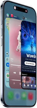 iPhone Air, pohľad spredu az boku, tenký profil, Dynamic Island uprostred pri hornom okraji obrazovky, použitie Prepínače aplikácií, akčné tlačidlo, tlačidlá hlasitosti