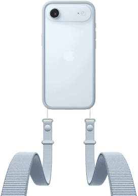 iPhone Air, pohľad zozadu, blankytne modrá farba, Fusion fotosústava hore, uprostred logo Apple, svetlo šedý ochranný rámček s pripnutým crossbody popruhom