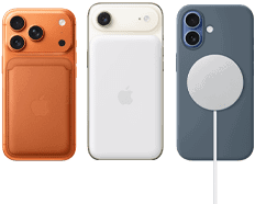 iPhone 17 Pro, pohled zezadu, [O7] barva, v siensky hnědém silikonovém krytu s liškově oranžovou peněženkou z tkaniny FineWoven s MagSafe; iPhone Air, pohled zezadu, oblačně bílá barva, s MagSafe baterií; iPhone 17, pohled zezadu, mlhově modrá barva, v ocelově modrém silikonovém krytu, MagSafe nabíječka