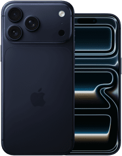 Dva iPhony vedle sebe, iPhone 17 Pro Max, pohled zezadu, profesionální fotosoustava, 3 objektivy, mikrofon, blesk, [B28] barva, iPhone 17 Pro, pohled zepředu, displej přes celou plochu, [B28] barva