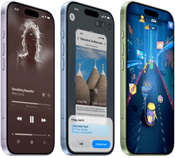 Šikmý pohled zepředu na tři iPhony 17 s viditelnými akčními tlačítky a tlačítky hlasitosti. Na displejích je vidět Apple Music, vizuální inteligence a hraní her