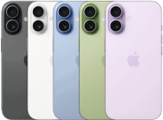 iPhone 17, pohled zezadu, dvojitá Fusion fotosoustava, všech pět barev naskládaných přes sebe: černý, bílý, šalvějově zelený, mlhově modrý a levandulový