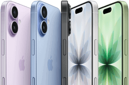 iPhone 17, pohled zepředu, zezadu a z boku, pět barev: levandulový, mlhově modrý, černý, bílý a šalvějově zelený