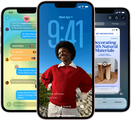 Tři iPhony 17e, na displejích je vidět aplikace Zprávy v Liquid Glass designu, dynamická zamknutá obrazovka a použití Vizuální inteligence