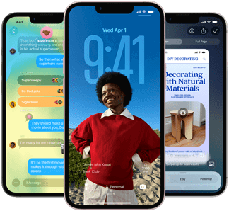 Tři iPhony 17e, na displejích je vidět aplikace Zprávy v Liquid Glass designu, dynamická zamknutá obrazovka a použití Vizuální inteligence