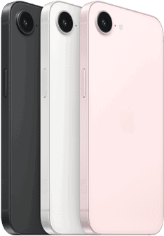 Modely iPhonu 17e, pohled z boku a zezadu, černá barva, pohled z boku a zezadu, bílá barva, pohled z boku a zezadu, jemně růžová barva, Fusion fotoaparát v horní části, boční tlačítko