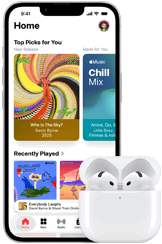 iPhone 17e, pohled zepředu, domovská stránka aplikace Apple Music, vedle jsou AirPody Pro 3 v otevřeném MagSafe nabíjecím pouzdře