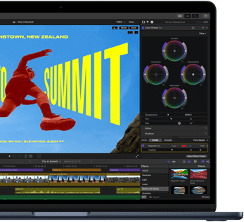 Částečný pohled na obrazovku MacBooku&nbsp;Air s&nbsp;rozpracovanými úpravami videa ukazuje schopnosti čipu&nbsp;M5