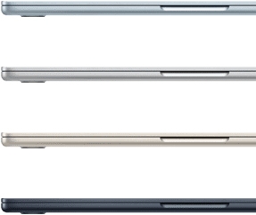 Pohled z&nbsp;boku na čtyři MacBooky&nbsp;Air ve čtyřech různých barvách