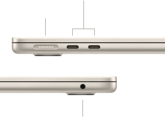 Pohled na zavřený MacBook&nbsp;Air, vlevo konektor MagSafe a&nbsp;dva porty Thunderbolt, vpravo sluchátkový konektor