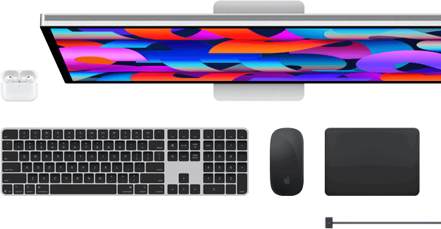 Doplňky k&nbsp;Macu: AirPody, Studio&nbsp;Display, Magic&nbsp;Keyboard, Magic&nbsp;Mouse, Magic&nbsp;Trackpad, MagSafe nabíjecí kabel