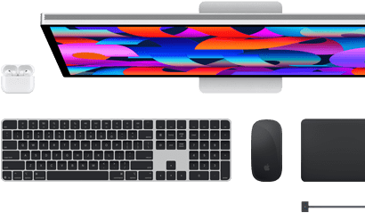 Doplňky k&nbsp;Macu: AirPody, Studio&nbsp;Display, Magic&nbsp;Keyboard, Magic&nbsp;Mouse, Magic&nbsp;Trackpad, MagSafe nabíjecí kabel