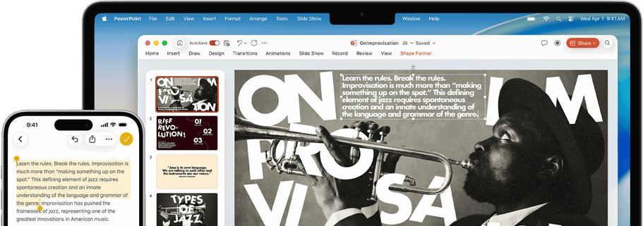 }iPhone&nbsp;16&nbsp;Plus se zvýrazněným textem v&nbsp;aplikaci Poznámky, MacBook&nbsp;Air s&nbsp;otevřenou prezentací v&nbsp;Keynotu, na snímku je viditelný text z&nbsp;aplikace Poznámky