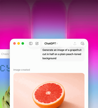 Obrazovka MacBooku Neo, uživatel si nechává v ChatuGPT vygenerovat obrázek grepu, na druhém displeji je v Keynotu obrázek artyčoku s barevným přechodem v pozadí