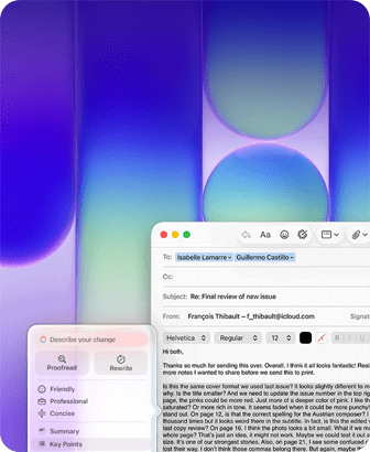 Obrazovka MacBooku Neo s ukázkou použití Psacích nástrojů Apple Intelligence v Mailu, uživatel si nechává zkontrolovat delší odstavec v e‑mailu, který obsahuje zpětnou vazbu na publikaci