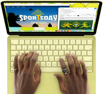 MacBook Neo, citrusově žlutý, ruka na klávesnici, uživatel píše e‑mailovou pozvánku na sportovní akci, vedle je otevřená webová stránka události