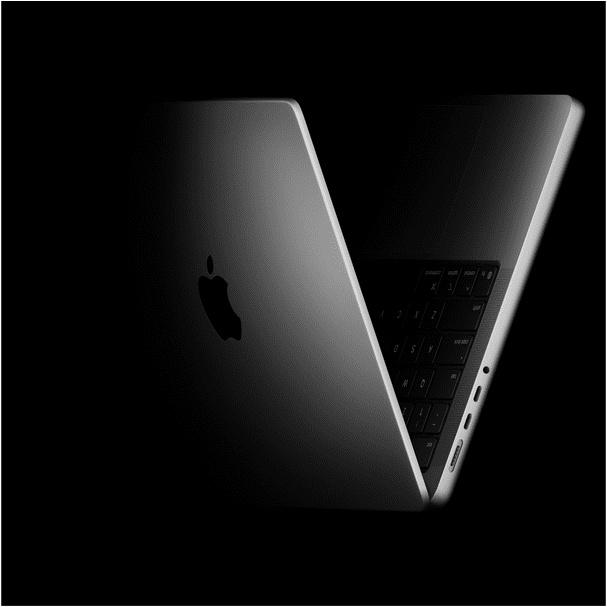 MacBook Pro umístěný ve tvaru V jako odkaz na čipy řady M5