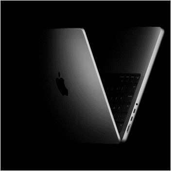 MacBook Pro umístěný ve tvaru V jako odkaz na čipy řady M5
