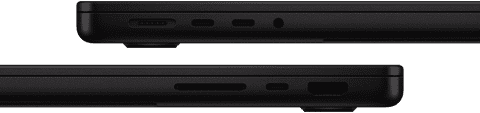 Porty MacBooku Pro – levá strana: MagSafe 3, dva porty Thunderbolt, sluchátkový konektor – pravá strana: slot na karty SDXC, jeden port Thunderbolt, HDMI