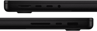 Porty MacBooku Pro – levá strana: MagSafe 3, dva porty Thunderbolt, sluchátkový konektor – pravá strana: slot na karty SDXC, jeden port Thunderbolt, HDMI