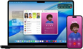 MacBook Pro a&nbsp;iPhone&nbsp;16&nbsp;Plus, otevřená aplikace Telefon, na obou obrazovkách se ukazuje stejný obsah