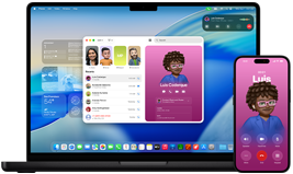 MacBook Pro a&nbsp;iPhone&nbsp;16&nbsp;Plus, otevřená aplikace Telefon, na obou obrazovkách se ukazuje stejný obsah