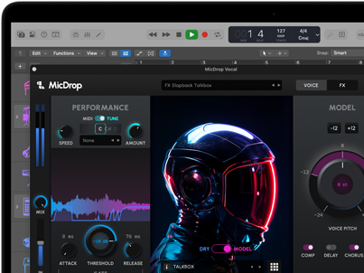 Content on screen showing MicDrop software using AI to edit a vocal recording on a MacBook Pro
