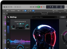 Content on screen showing MicDrop software using AI to edit a vocal recording on a MacBook Pro
