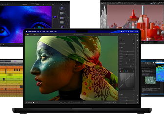 A wide variety of colourful content from music production, video editing, 3D animation, and photo editing applications on Mac, illustrating high graphics performance.