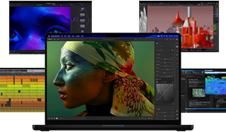 A variety of colourful content from music production, video processing, 3D animation and photo editing apps on Mac to illustrate the high graphical performance