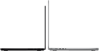 14palcový a 16palcový MacBook Pro zadními stranami u sebe na ilustraci rozdílu ve velikostech a zdůraznění úzkého profilu
