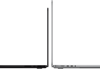 14-inch and 16-inch MacBook Pro side by side to illustrate the difference in size and highlight the slim profile