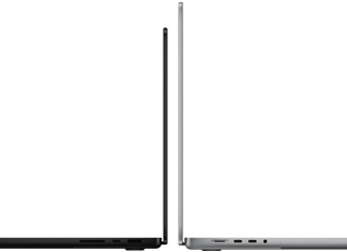14-inch and 16-inch MacBook Pro side by side to illustrate the difference in size and highlight the slim profile