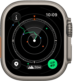 Apple Watch Ultra 4, titánové púzdro, prírodná farba, funkcia Návrat so zobrazenou trasou a kompasom, na pravom boku korunka Digital Crown, vyvýšené bočné tlačidlo