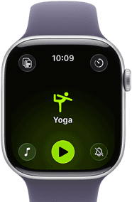 Apple Watch Series 11 in Silver Aluminum case with an open Yoga workout. On the right side: Digital Crown, with a Misty Lilac Sport Band.