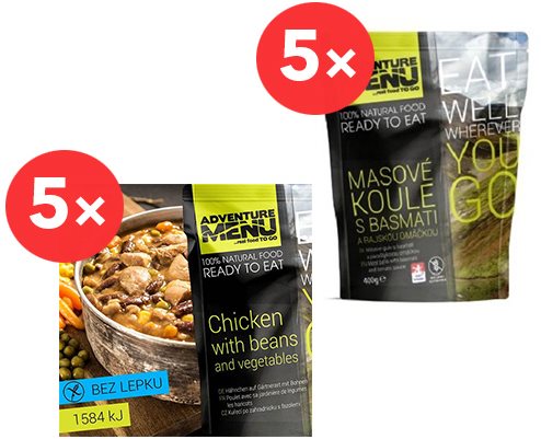 Adventure Menu 5x MeatBalls with Basmati and Tomato Sauce + 5x Chicken with Beans and Vegetables - MRE - Main image
