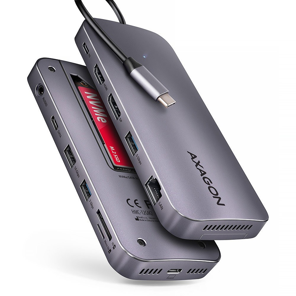 AXAGON HMC-12GM2 Combo Hub, USB-C 10Gbps, 3x USB-A, USB-C, HDMI, DP, RJ-45, SD/mSD, M.2 slot, audio