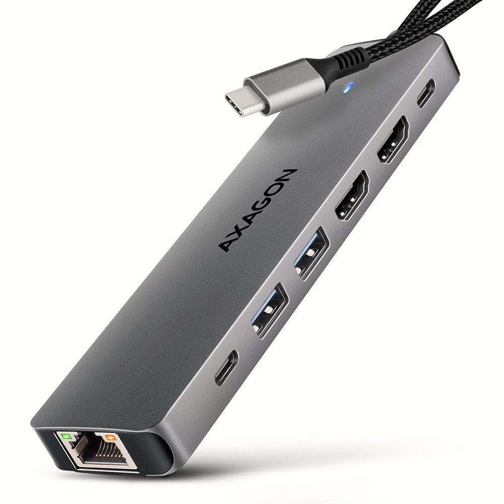 AXAGON HMC-7HX2, 7in1 Hub, USB-C 5Gbps, 2x USB-A, 1x USB-C, 2x HDMI 4k/60, RJ-45, PD 100W