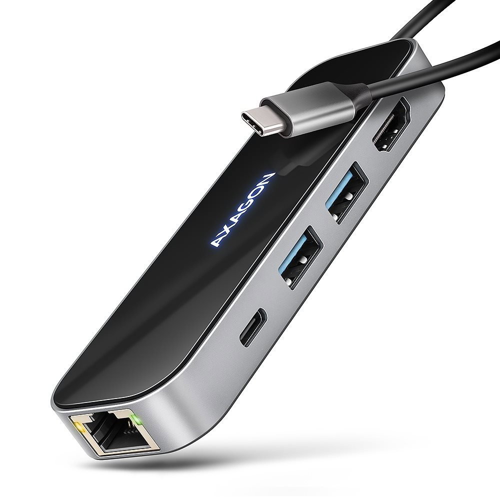 AXAGON HMC-6GLN GLASS 6-in-1 Hub, USB-C 5Gbps, 2x USB-A, USB-C, HDMI 4k/60Hz, RJ-45, PD 100 W