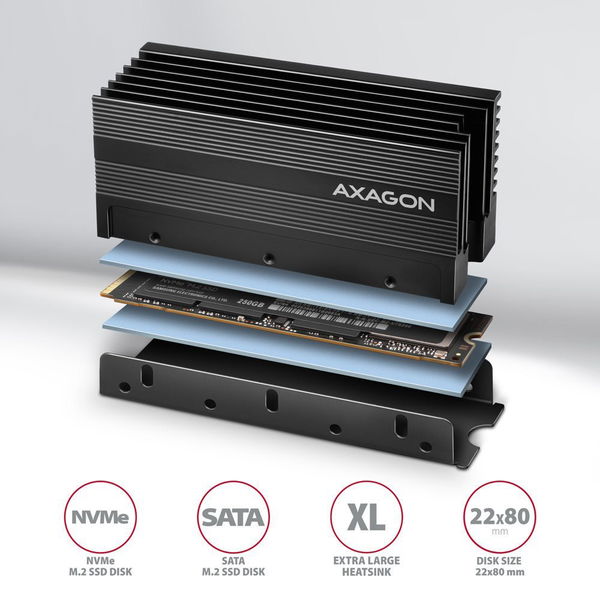 AXAGON CLR-M2XL ALUMINUM Heatsink for M.2 SSD - Merevlemez hűtő - Fotó 1