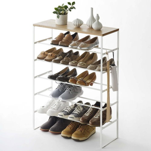 Yamazaki Tower 3369, for 18-21 pairs, 66 cm wide, metal/wood, white - Shoe Rack - Main image