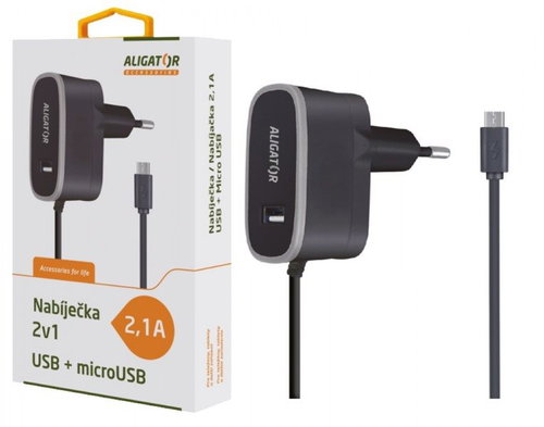 ALIGATOR MicroUSB with USB output 5V/2.1A, Black - Wall Charger - Main image
