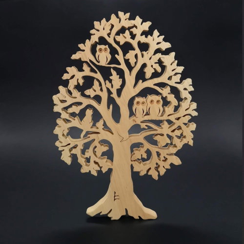 AMADEA Wooden tree with owls and cat, solid wood, height 28 cm - Christmas Decoration - Main image