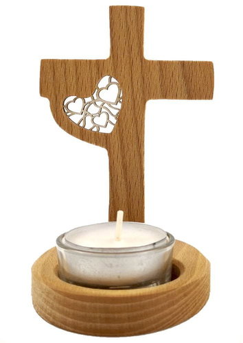AMADEA Wooden Candlestick Cross made of Solid Wood with a Deposit - Heart, Height 12cm - Candlestick - Main image