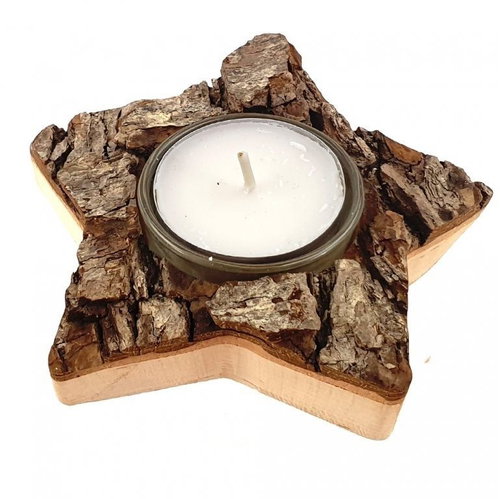 AMADEA Wooden Candlestick with Star-shaped Bark, Solid Wood, 11x3cm - Candlestick - Main image