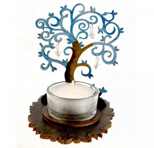 AMADEA Wooden Candlestick Tree Blue with White Ornaments, Height 10cm - Candlestick - Main image