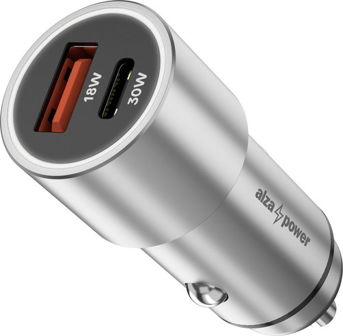 AlzaPower Car Charger X525 USB-A + USB-C Power Delivery 30W stříbrná - Nabíječka do auta - Hlavní obrázek