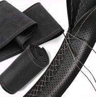PREXIM Leather Steering Wheel Cover M Black with Grey Thread - Steering Wheel Cover